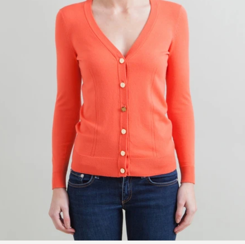 MILLY coral fitted cardigan,gold buttons down designer luxury sweater